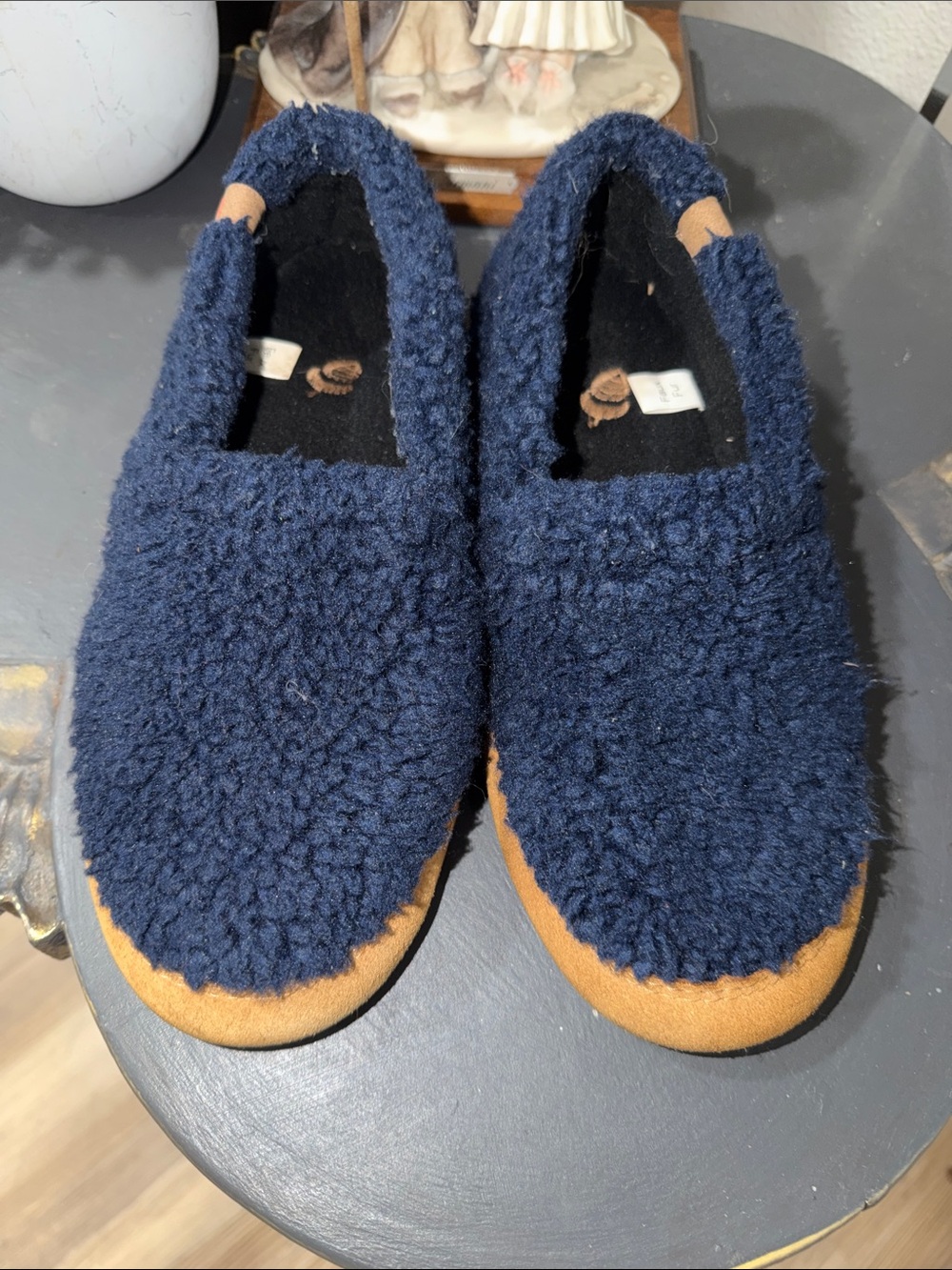 Acorn Navy Sherpa Slip-On Shoes with Tan Trim